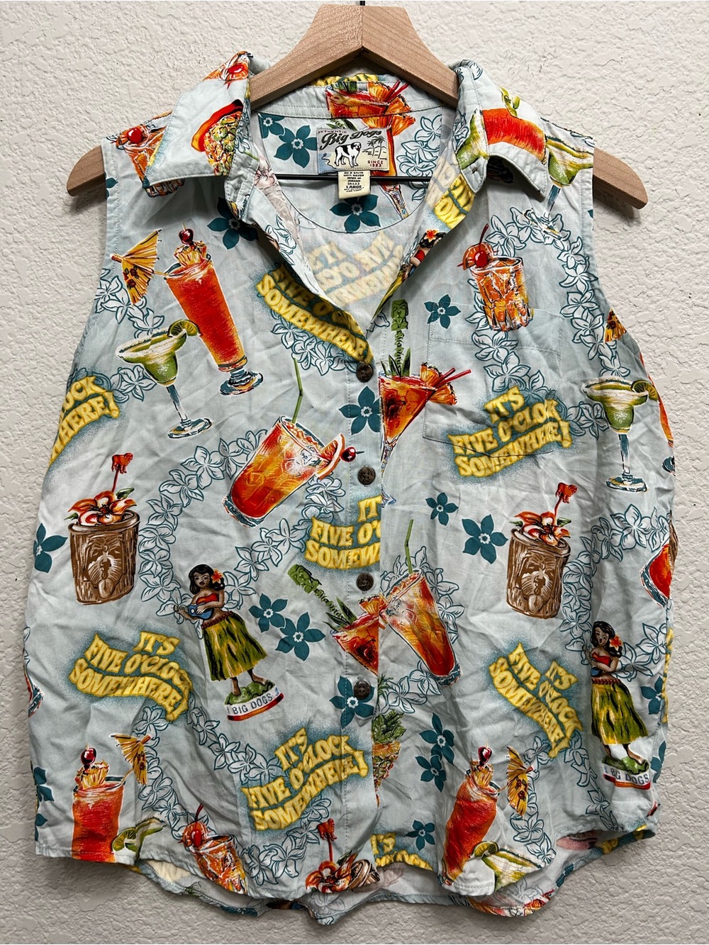 Big Dogs Light Blue Hawaiian Cocktail Print Shirt